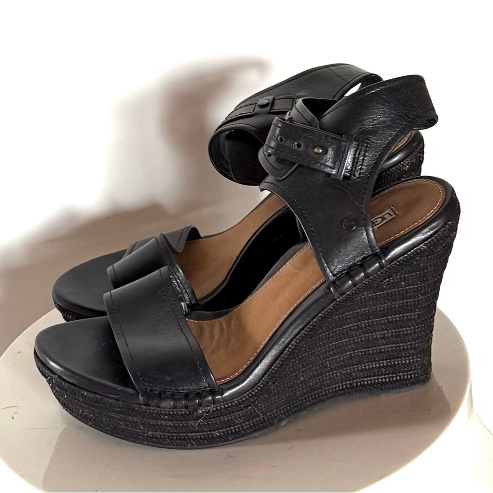 Ugg Black Leather High Heel Wedge Sandals - Picture 3 of 7
